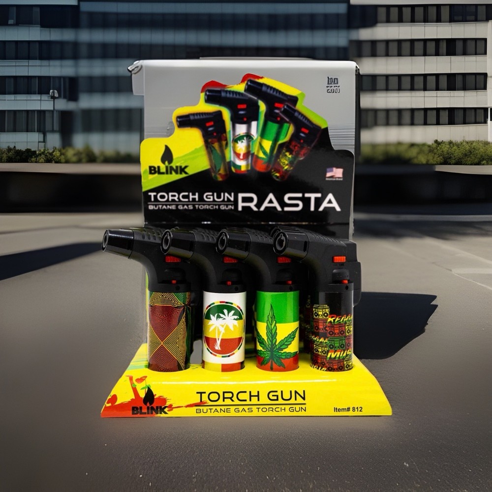 5" Blink Rasta Torch- Windproof Adjustable Jet Flame - 12 Count Box