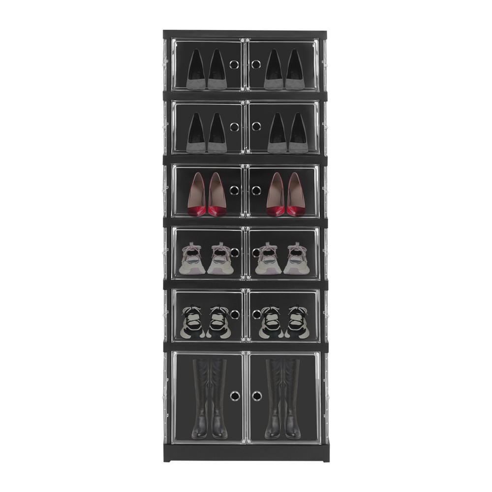 6 Tiers Shoe Storage Box Black Stackable Shoe Container Sneaker Organizer