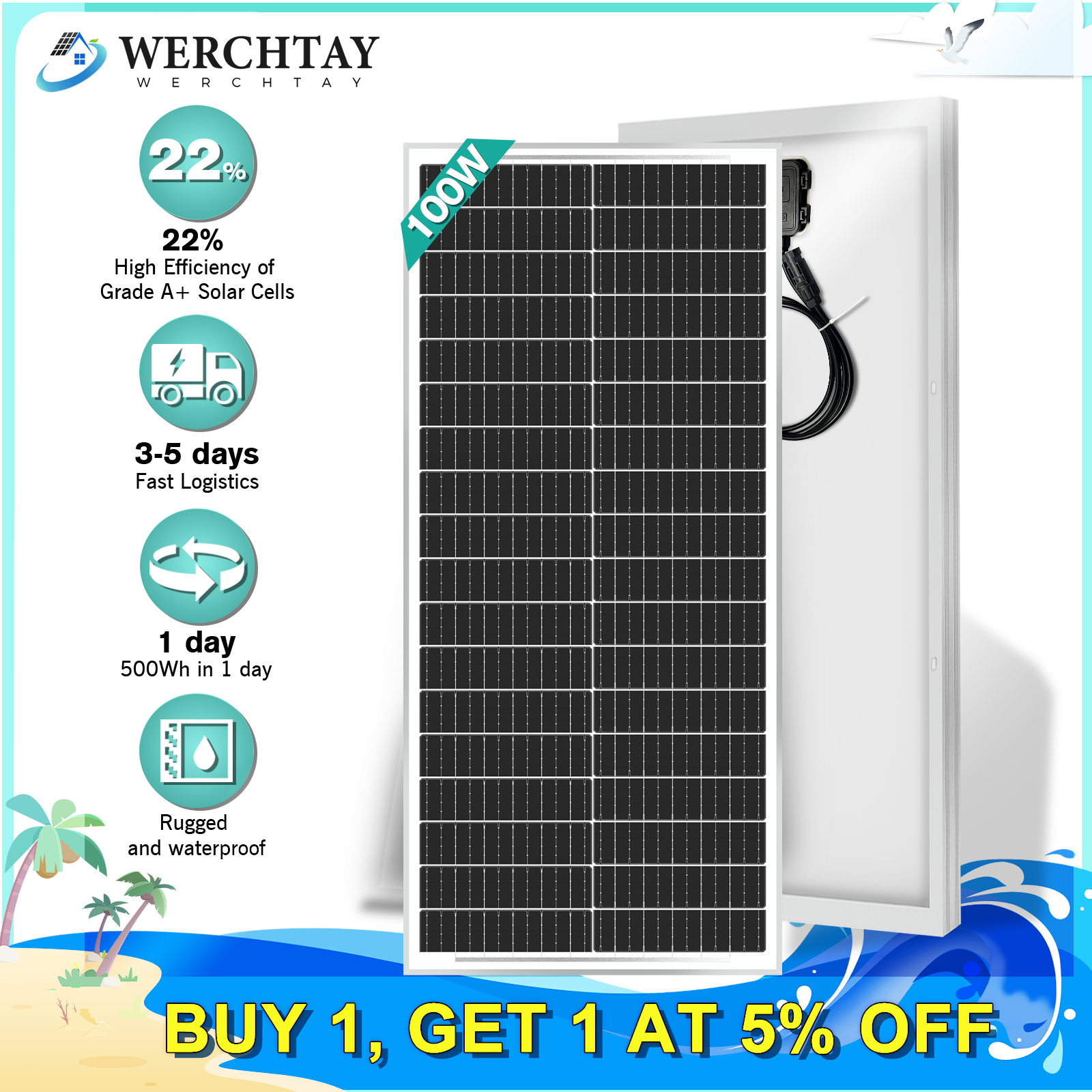 100W Watt 12v Monocrystalline Solar Panel RV Camping Home Off Grid Caravan Boat