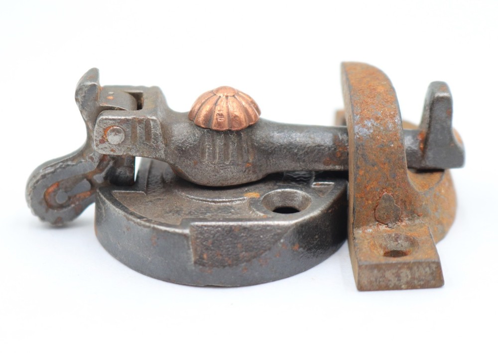 Antique Cast Iron Window Lock with Copper Plated Brass Button