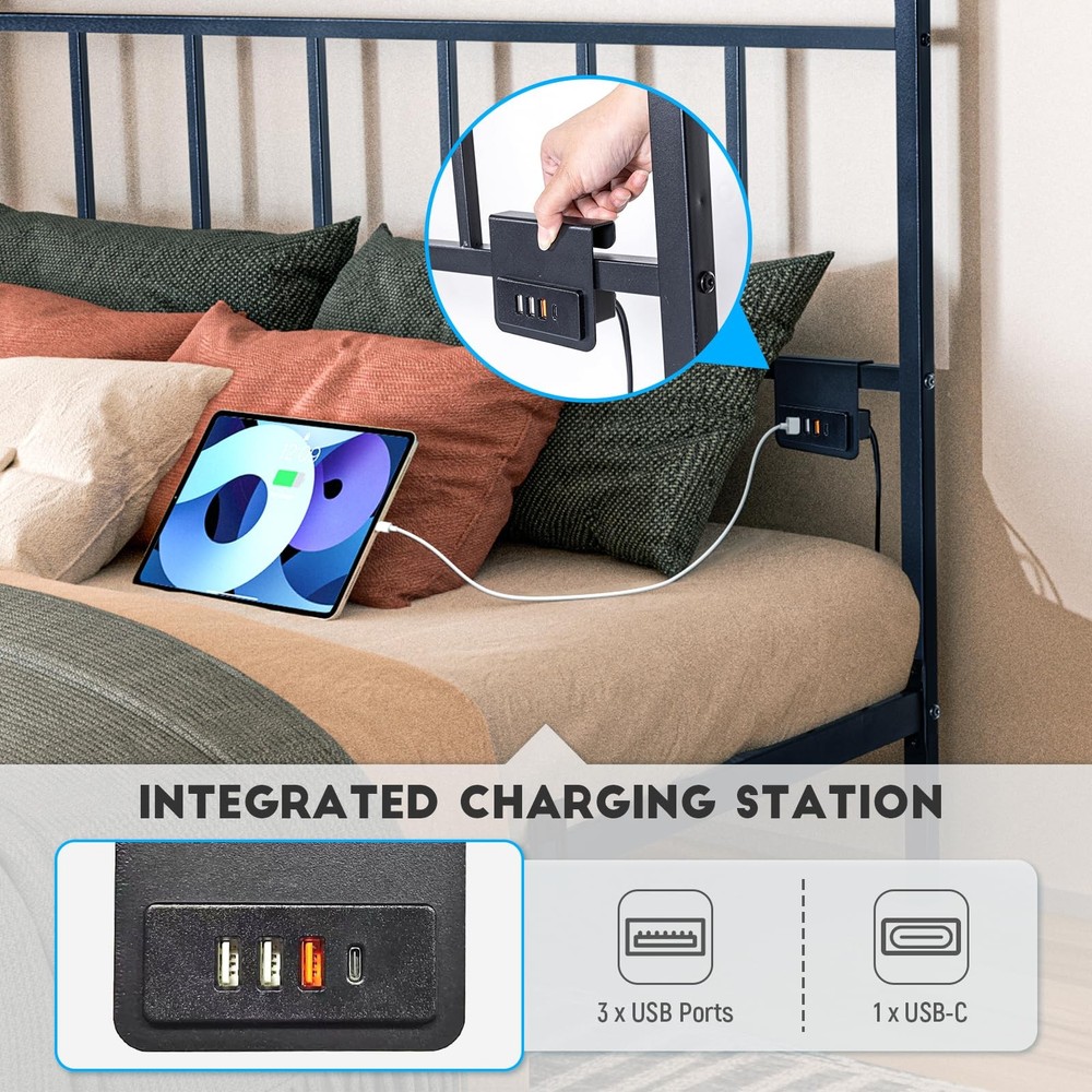 Floating Full Size Platform Bed Frame with LED Lights & Charging Station - In...