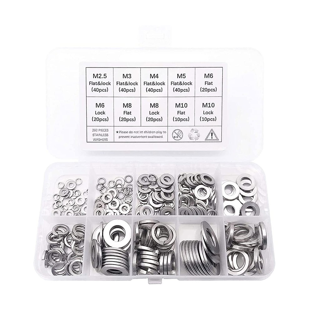Assorted Flat & Lock Washer Set - 7 Sizes, Corrosion Resistant, Case - M2.5-M10