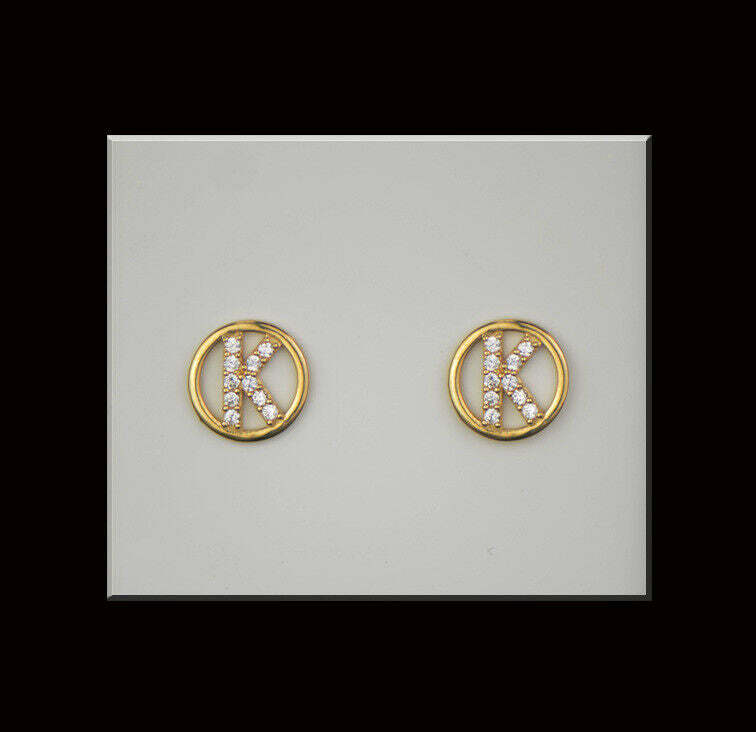 14k Yellow or White Gold Round Initial Letters CZ Stud Earrings
