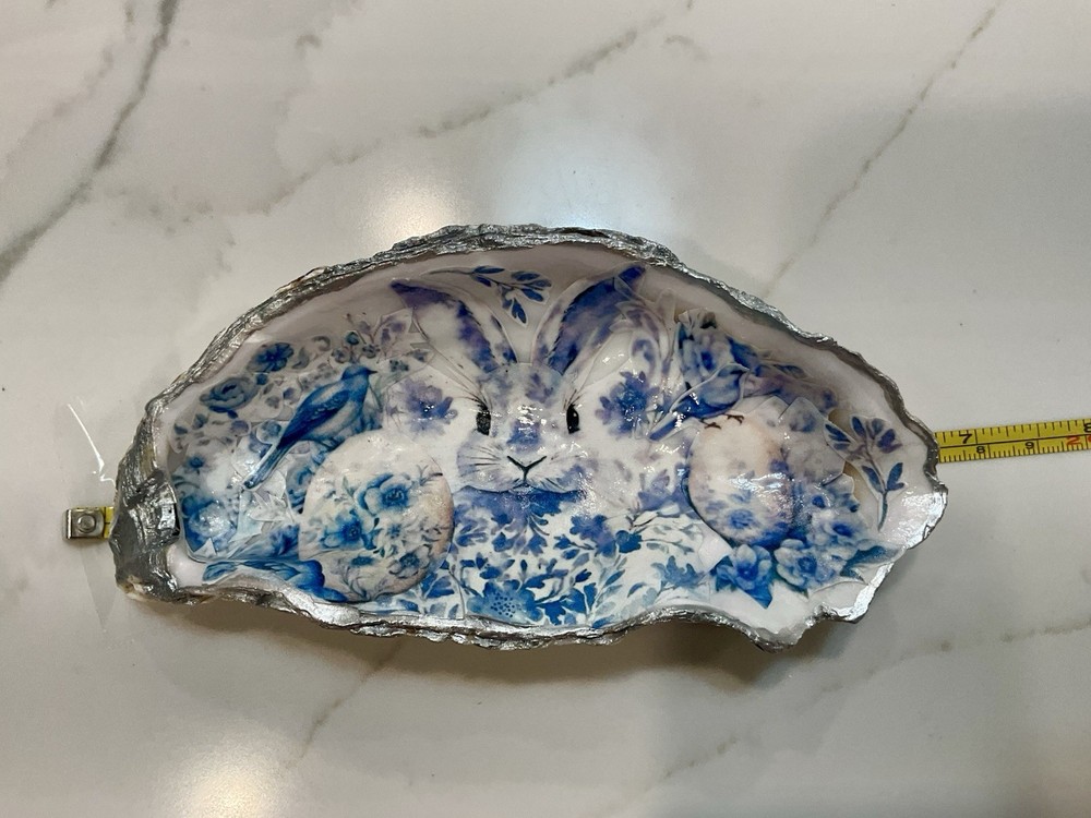 6.5”Oyster Shell Blue & White Bunny with Decorated Eggs