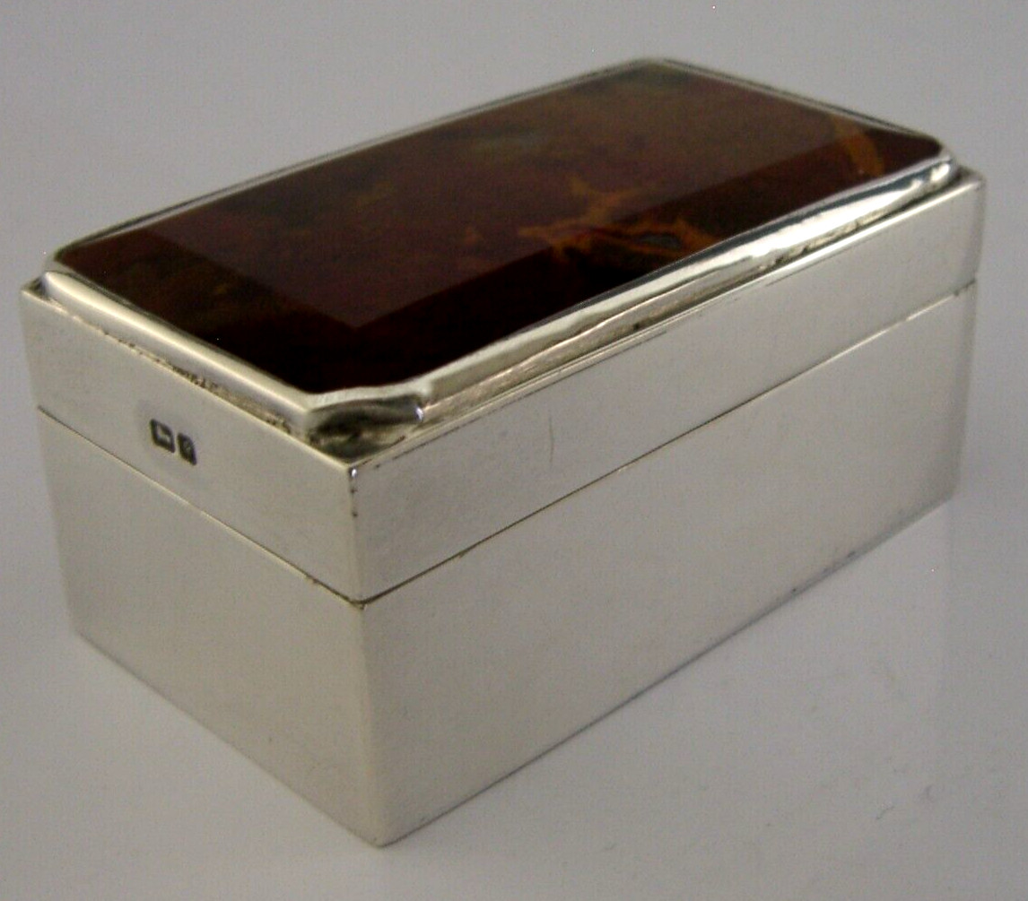 STUNNING HEAVY SOLID STERLING SILVER AGATE TABLE SNUFF BOX 1991 ENGLISH 82g