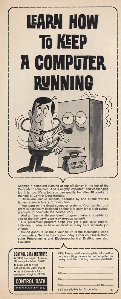 1966 Control Data Institute: Keep Computer Running Vintage Print Ad