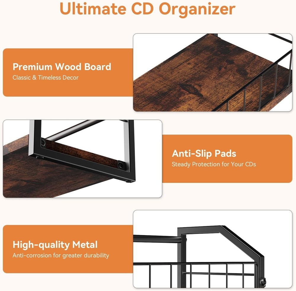 Space-Saving 2-Tier CD Rack - Rustic Brown Storage for Music Lovers, Iron Frame