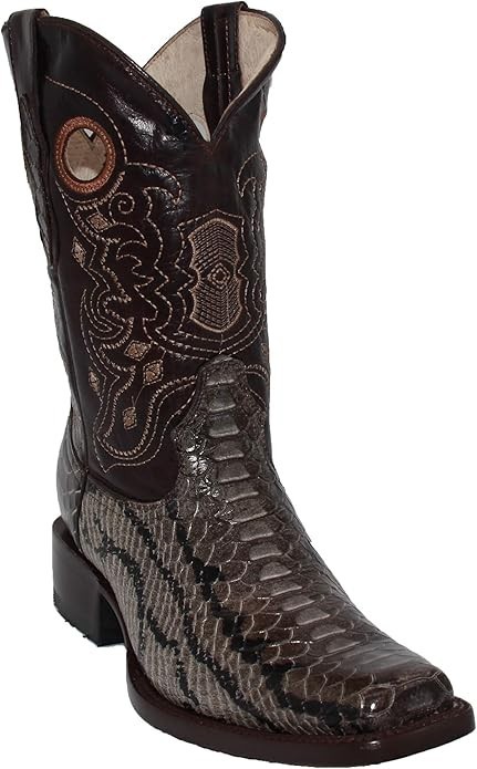 Genuine Leather Exotic Python Print Square Toe Cowboy Western Boots - Olive