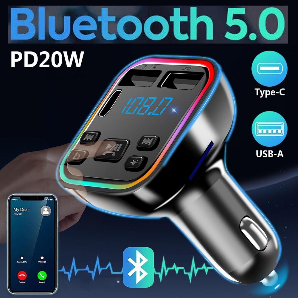 2pc Bluetooth 5.0Car Wireless FM Transmitter Adapter 2USB PD Charger Hands-Free