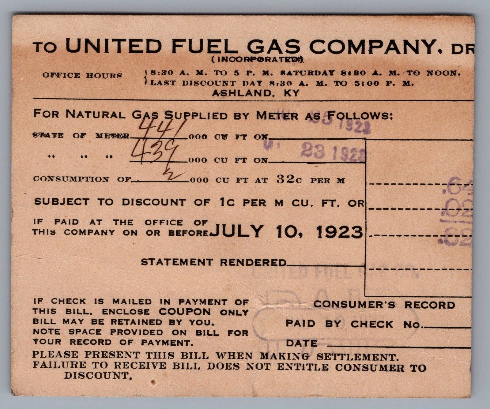1923 Ashland, Kentucky United Fuel Gas Company Vintage Utility Bill Ephemera
