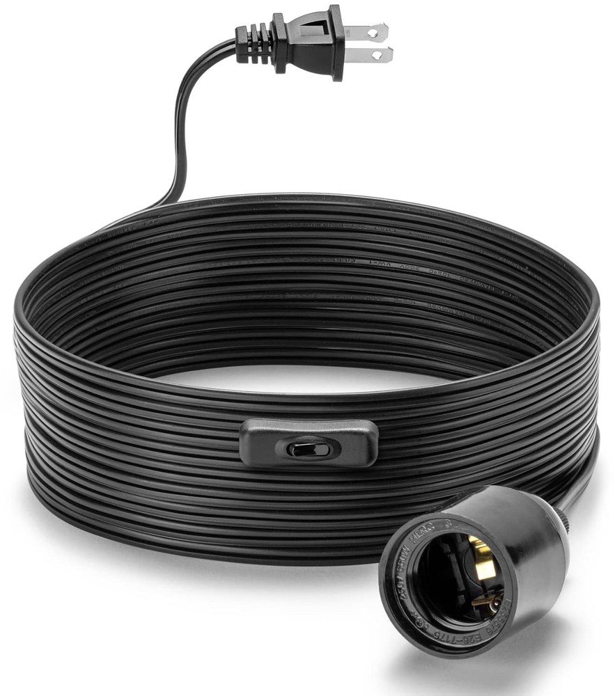 Hanging Light Cord 15Ft - Black, Pendant Light Cord with E26 Light Bulb Socket,