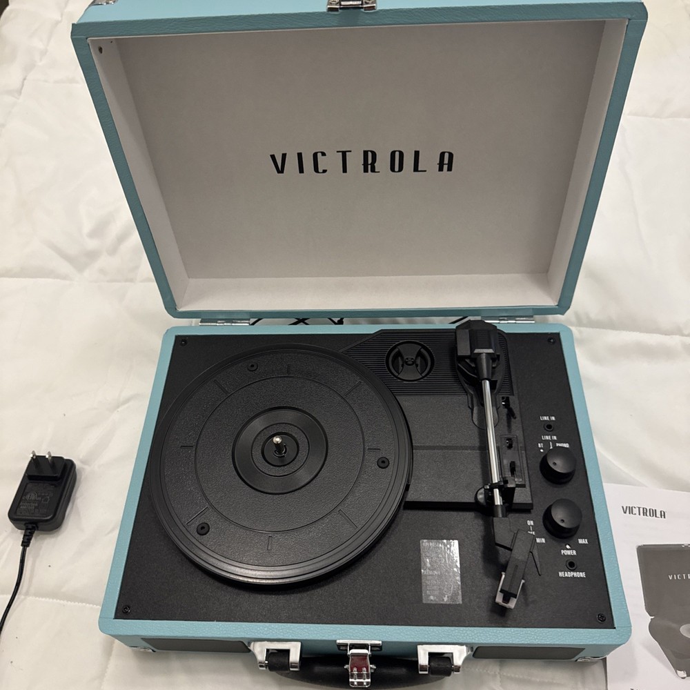 Victrola Model VSC-400SB Blue Patterned Suitcase Record Player With Bluetooth