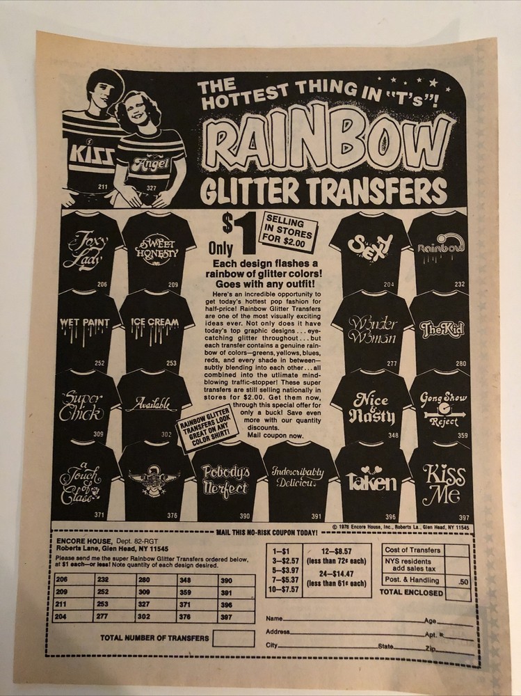 1979 Magazine Advertisement Print Page Rainbow Glitter Transfers Tshirt Hottest