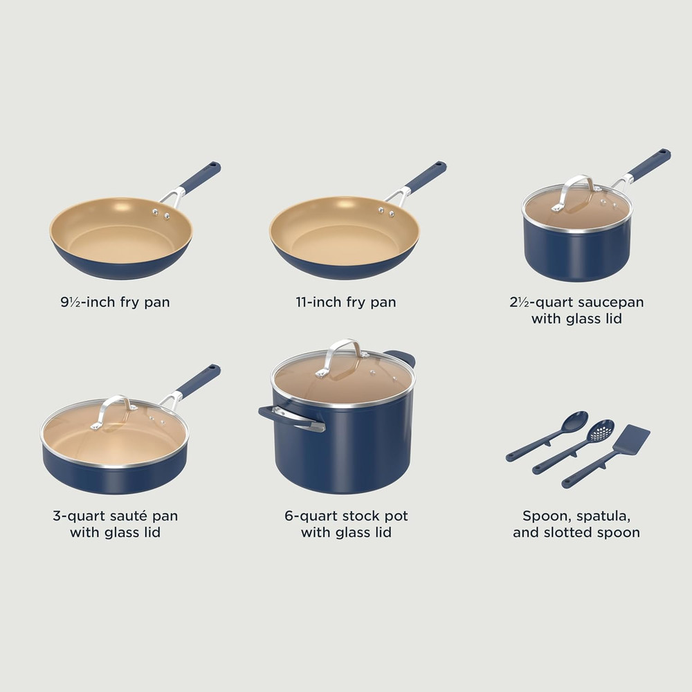 Ninja Ceramic Cookware Set, Extended Life 11-Piece Kitchen Cookware Sets with Co