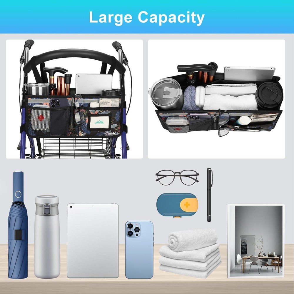 Rollator Basket, Rollator Walker Bag w/Cup Holder, Foldable Rolling Walker Wa...