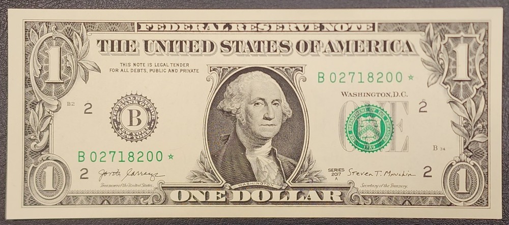 Uncirculated 2017 A One Dollar ($1) *STAR* Note-Sequential Available, B District