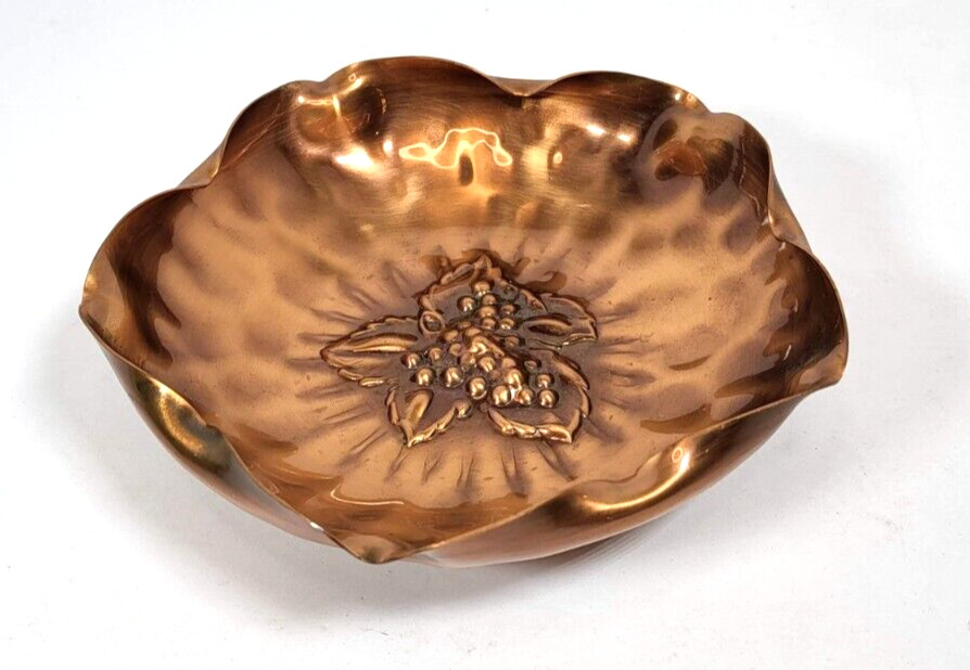 Solid Copper Dish Vintage Grape Design Candy Dish Made in USA Signed