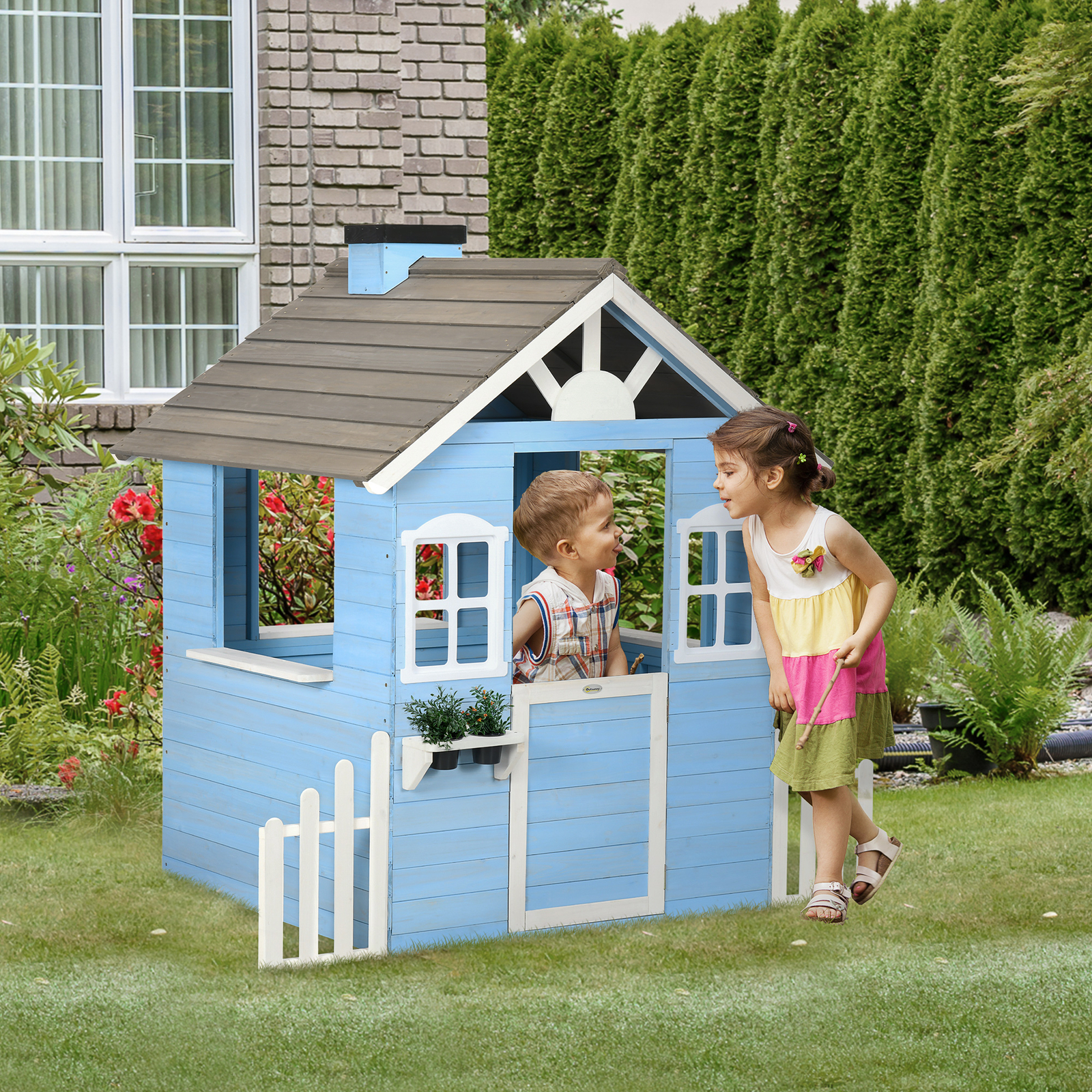 Wooden Playhouse for Kids Outdoor with Flower Pot Holders, Blue