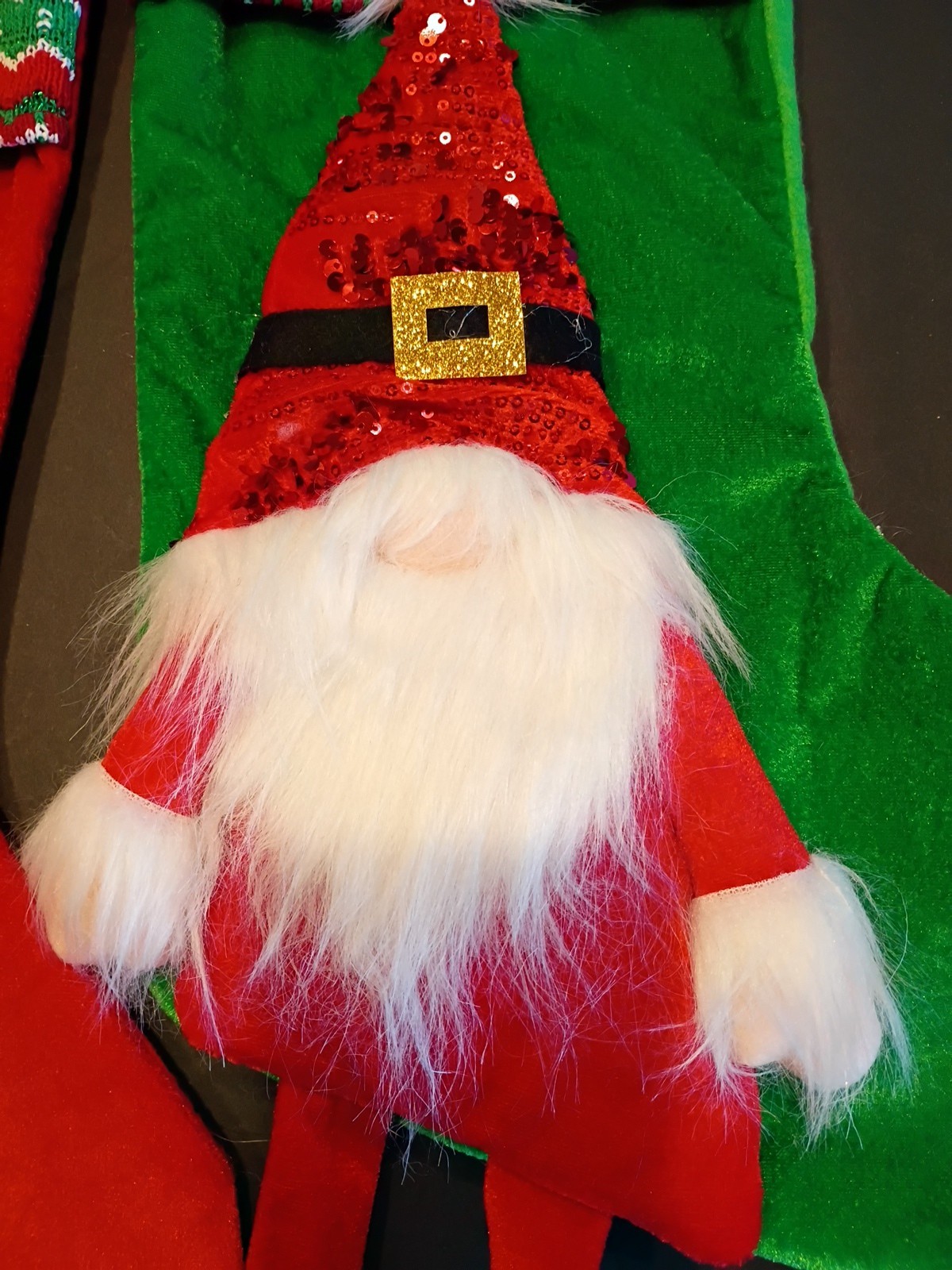 Gnomes Hanging Xmas Stockings Set Of 2 Red & Green Santa & reindeer 18 in 3D