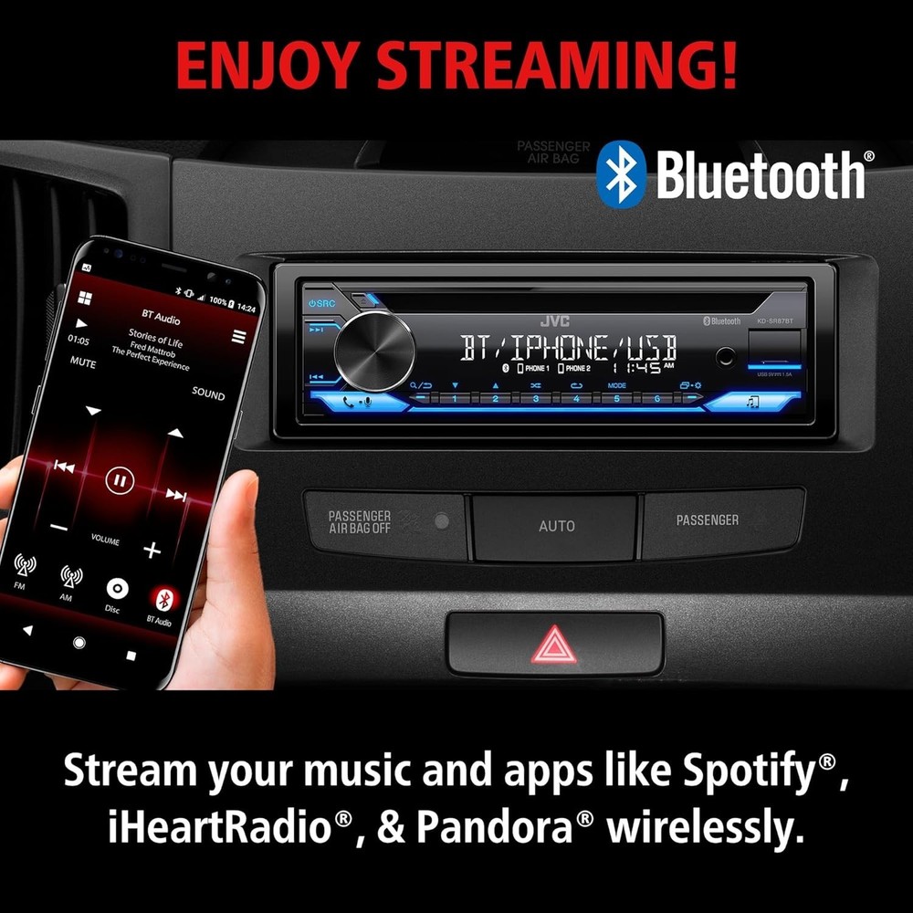 High-Performance KD-SR87BT CD Receiver - Bluetooth, USB, AM/FM & Detachable Face