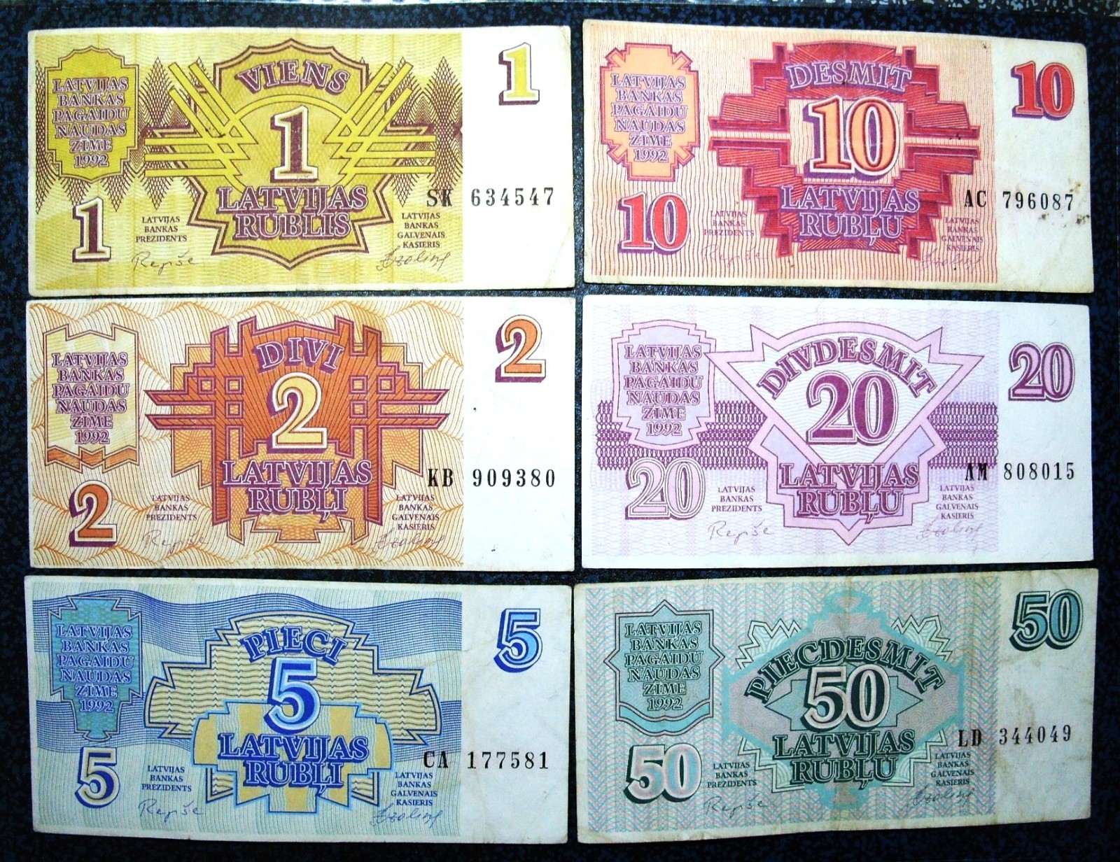 Latvia  lot of 6 different banknotes 1-2-5-10-20-50 Rublu 1992 LD344