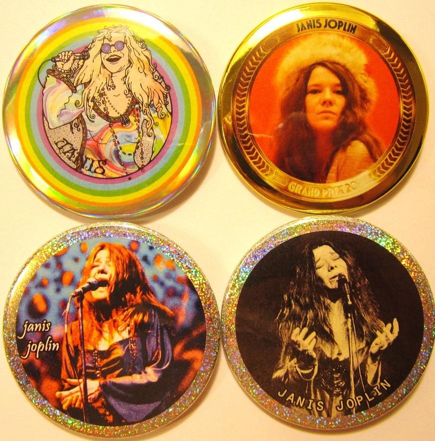 Janis Joplin PIN BUTTON LOT 4 Photo Christmas Gift Cyber Sale Stocking Stuffer