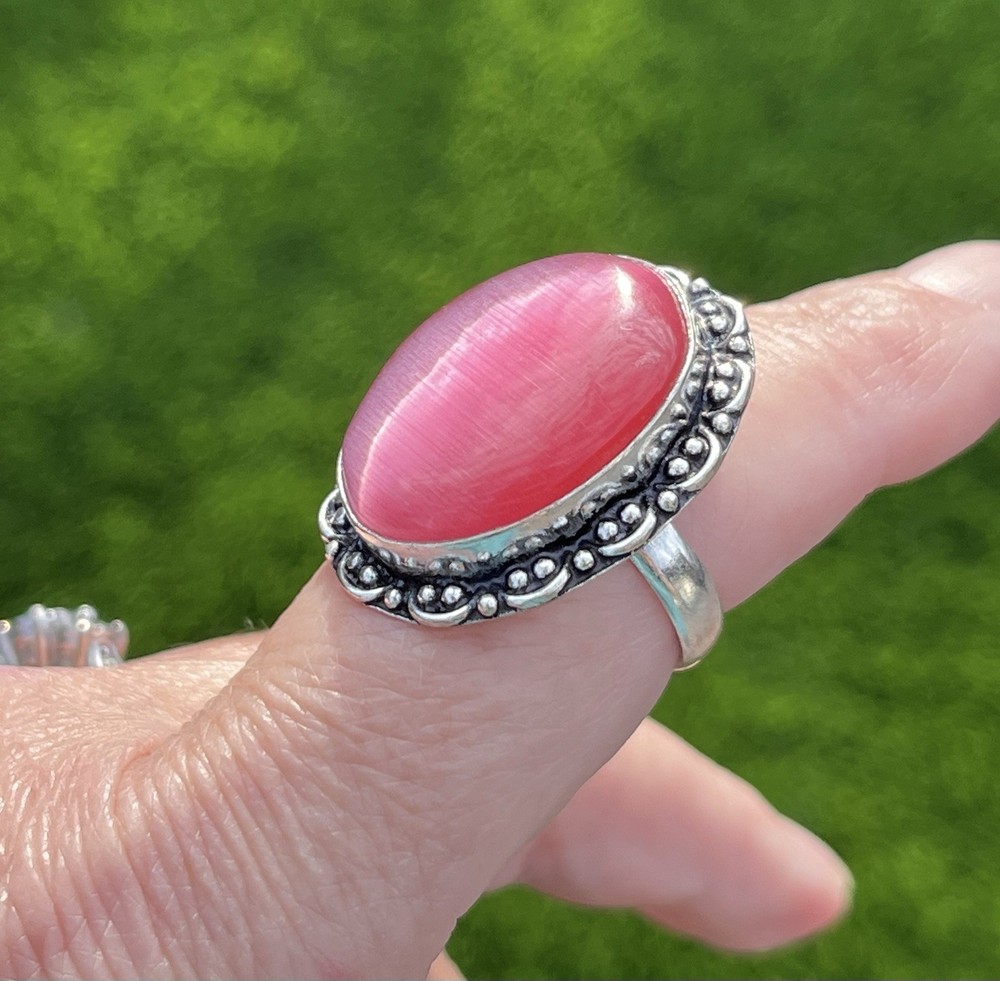 Pink Cat’s Eye Silver Gemstone Ring Sz 8