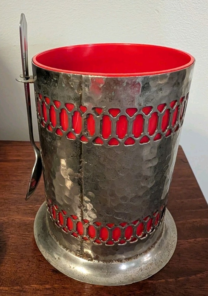 Vintage Silver Plate Coffee Canister w/Spoon, Lid & Red Plastic Insert