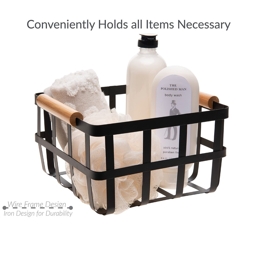 Simplify Square Metal Storage Basket with Bamboo Handles | Medium, Black