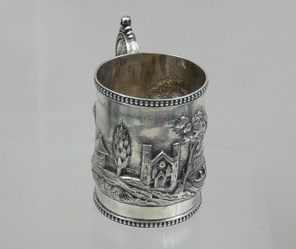 ANTIQUE AMERICAN COIN SILVER MUG CUP HAND CHASED REPOUSSE ARCHITECTURAL sterling