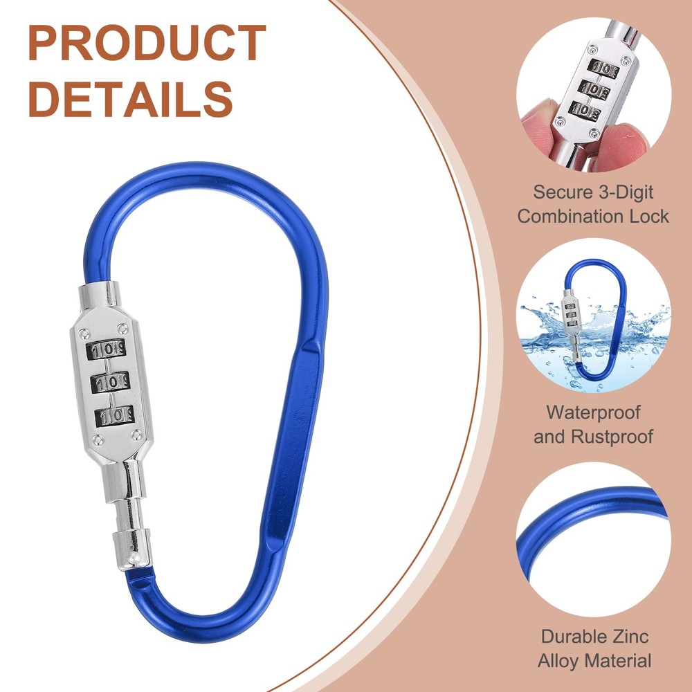 2 Pcs 4.8" x 2.4" D-Shaped 3-Digit Code Combination Lock D-Ring Clip, Blue