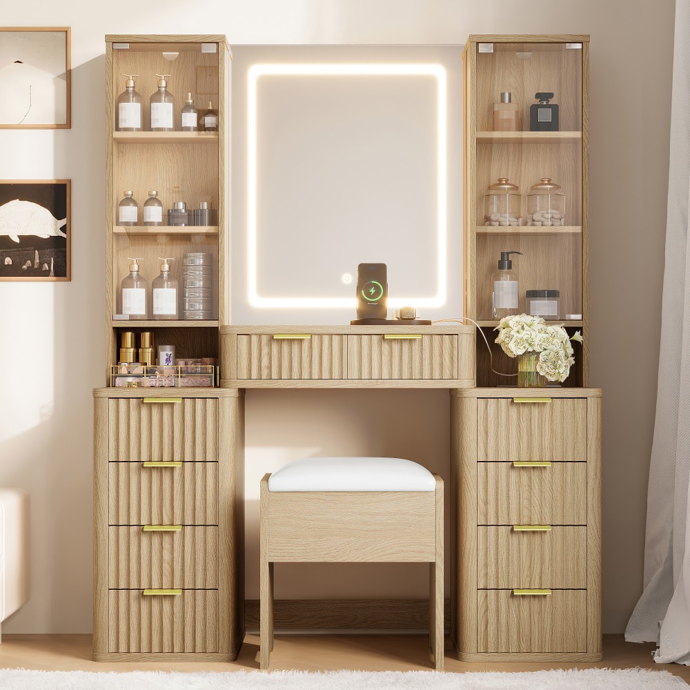 Cosmetic dresser with mirror, 10 drawers, stool, and charging station