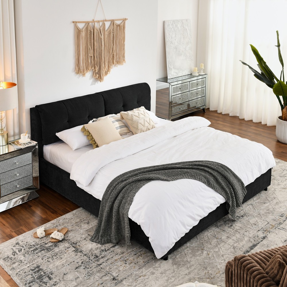 King Size Chenille Fabric Storage Upholstered Hydraulic Platform Bed w/Headboard