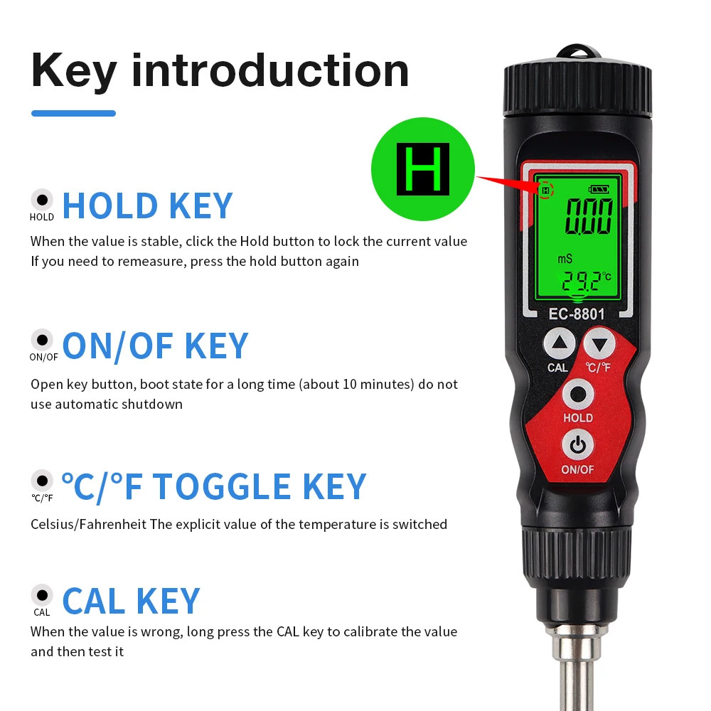 EC Temp Soil Tester Detector Electrical Conductivity Meter Agricultural Analyzer