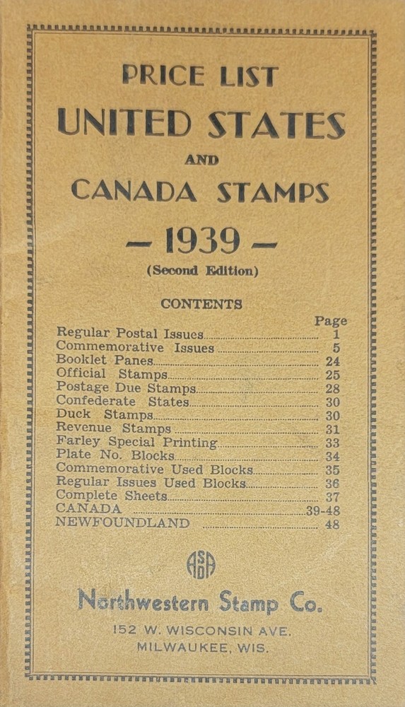 PRICE LIST U.S. & CANADA STAMPS 1939 by NORTHERN  STAMP CO.  TX