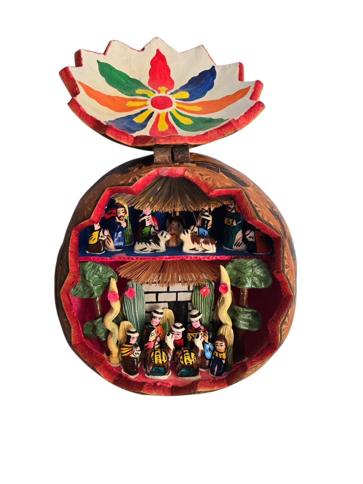 Vintage Handcarved PERUVIAN Peru Folk Art RETABLO Diorama Gourd Nativity Set