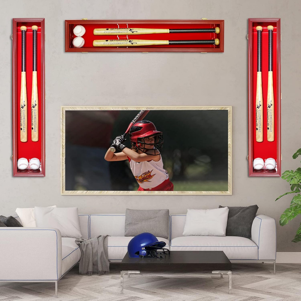 2 Baseball Bat Display Case Wall Mount - Vertical/Horizontal Cherry Wood Frame W