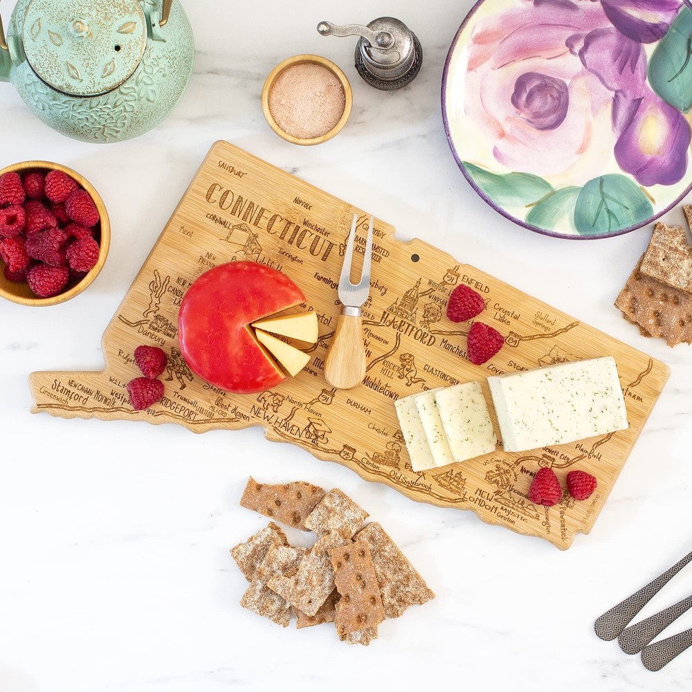 Destination Connecticut State Shaped Serving and Cutting Board, Includes Hang...