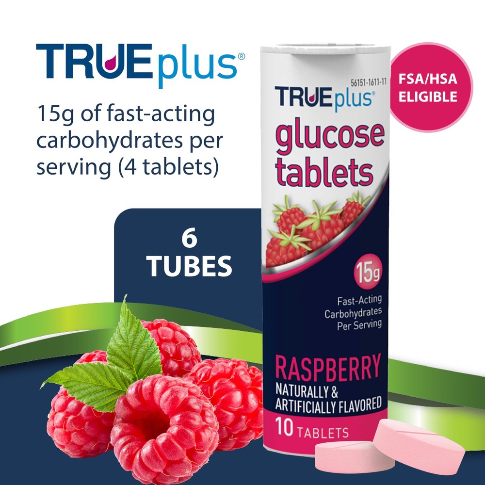 TRUEplus Glucose Tablets, Raspberry, 6x 10ct Tubes - Fast Acting