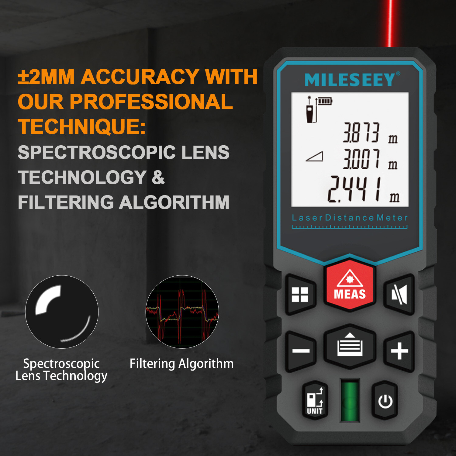 Mileseey 328 Ft Laser Distance Measure with Bubble Level M/in/Ft 2 AAA Batteries