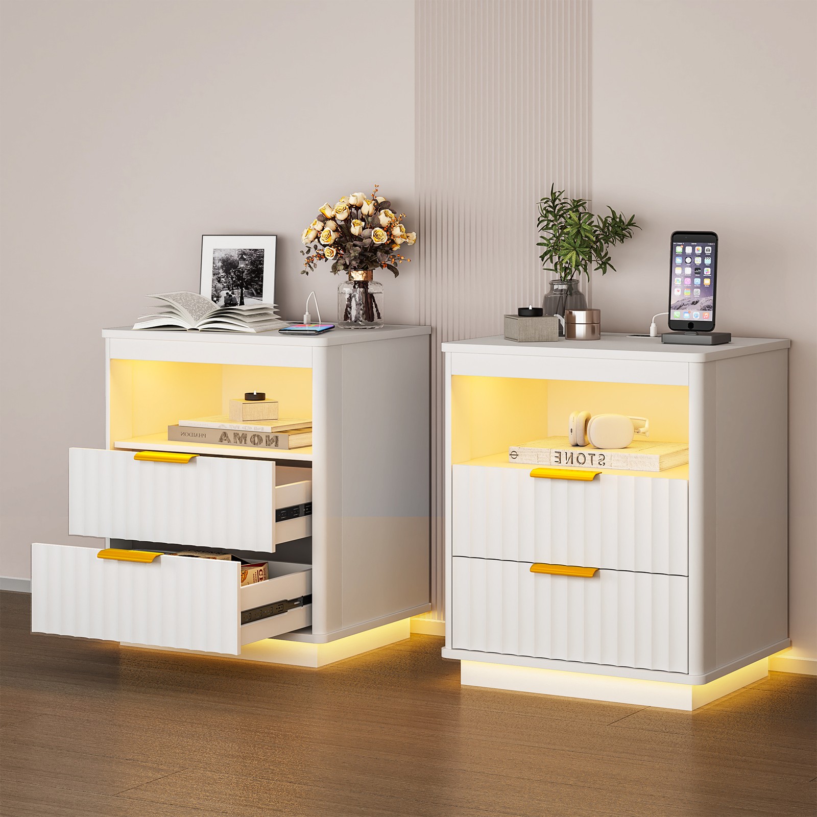 Gurexl Nightstand Set of 2 with Charging Station and 3-Color LED Lights , White