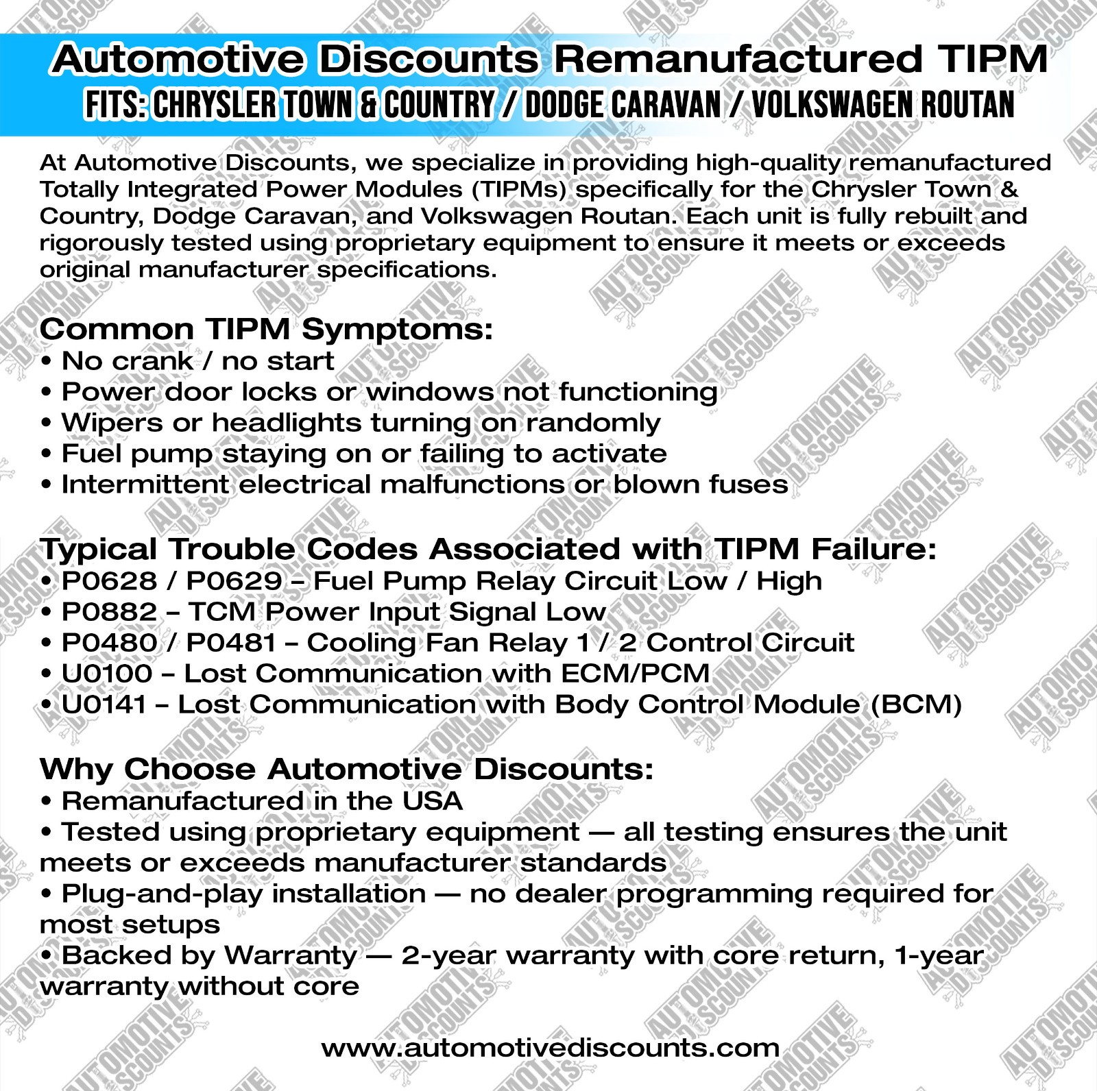 15-20 Dodge Grand Caravan REMANUFACTURED TIPM Fuse Box 68239606AA PLUG & PLAY