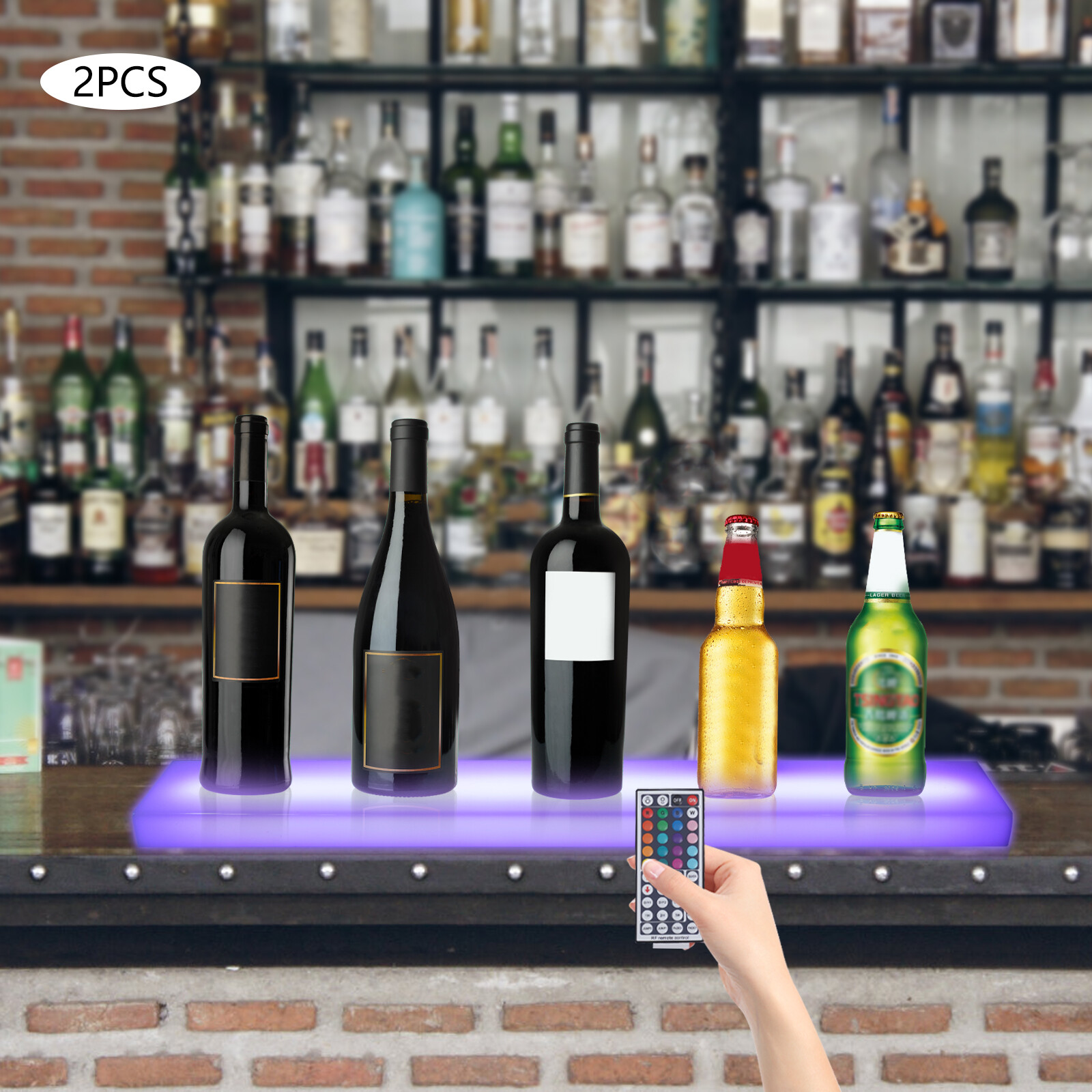 2x LED Liquor Bottle Display Shelf 32 inch Acrylic Floating Lighted Bar Shelf US