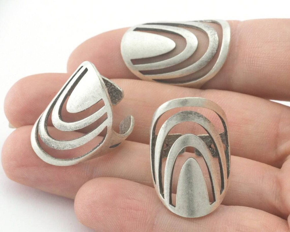 Rainbow oval statement adjustable ring Antique silver plated brass 5-9US 4338