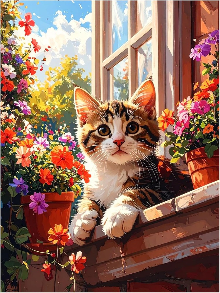 Tile Mural Cute Cat Kitten in Blooming Flower Garden Kitchen Wall Art Backsplash