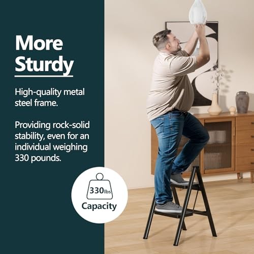 Step Ladder for Home, Foldable Step Stool for Kitchen with Non 2 Step Black