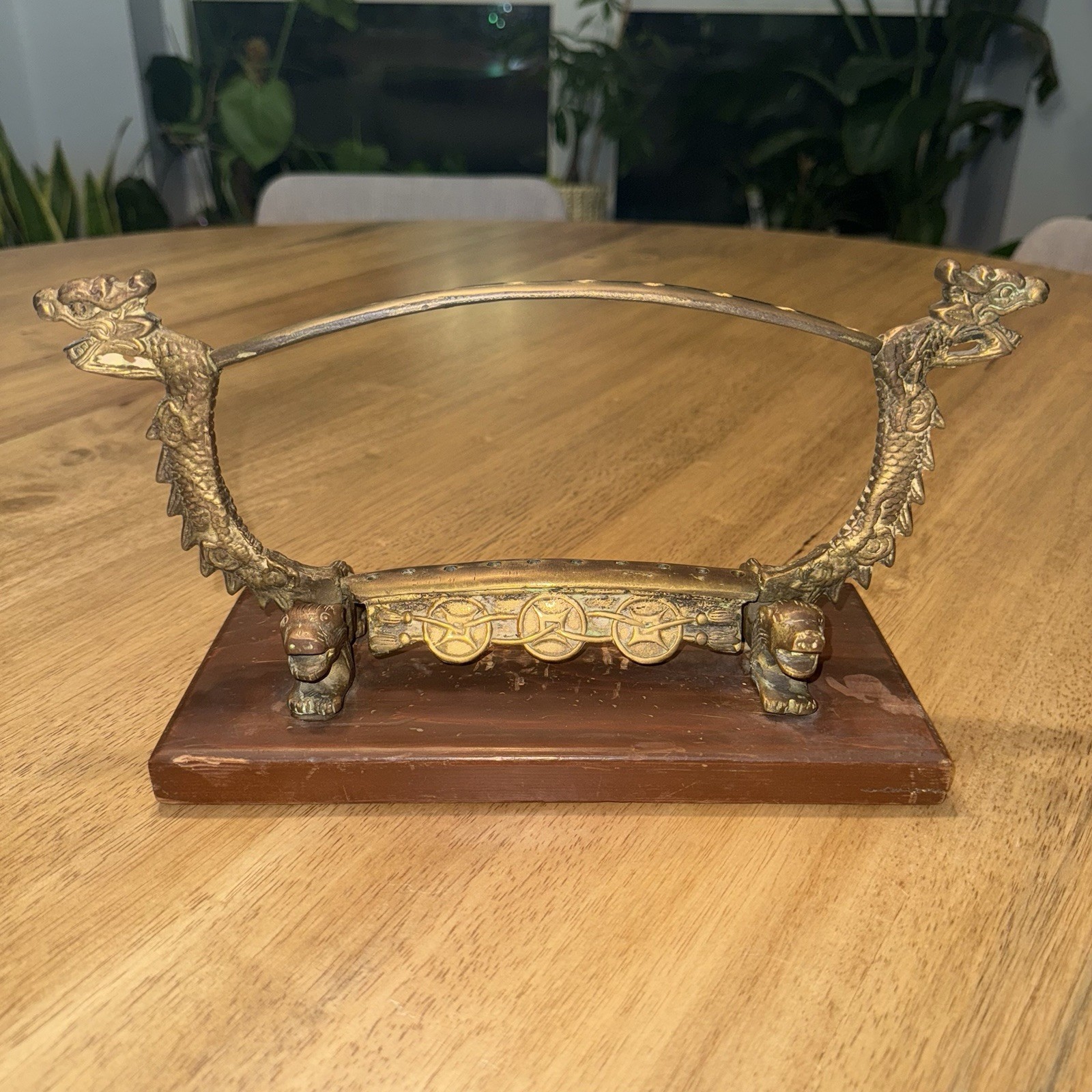 Vtg Chinese Metal Dragon Incense Burner Stand Wood Base Ornate Mythical Motif