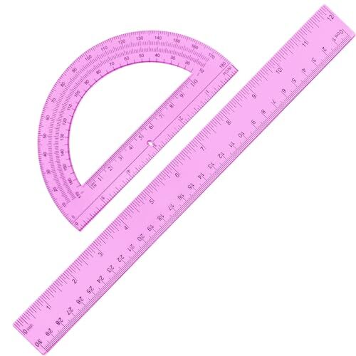 2 Pack 12 Inch Plastic Ruler and 6 Inch Plastic Protractor Set Clear Math Pink