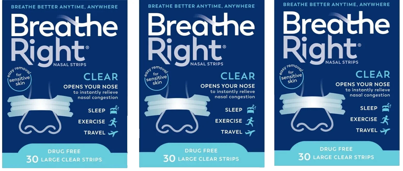 90 BREATHE RIGHT NASAL STRIPS LARGE CLEAR FOR SENSITIVE SKIN ( 3 X 30 CT BOXES )