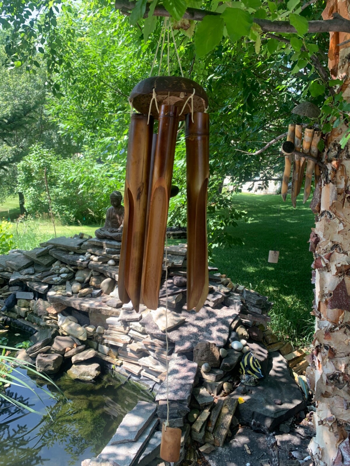 28 inches - Dark Stain with Coconut Top Bamboo Wind Chimes FREE SHIP